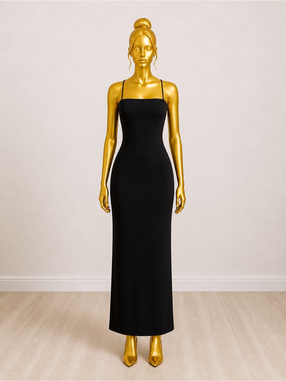 Napoli Sleek Black Square-Neck Maxi Dress with Thin Straps